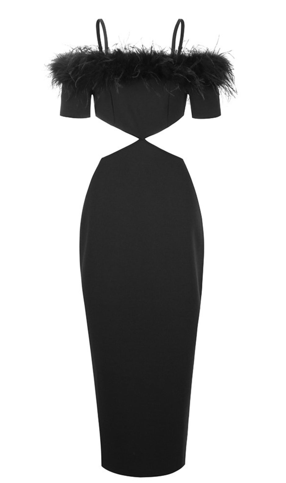 Off-shoulder feather panel black dress