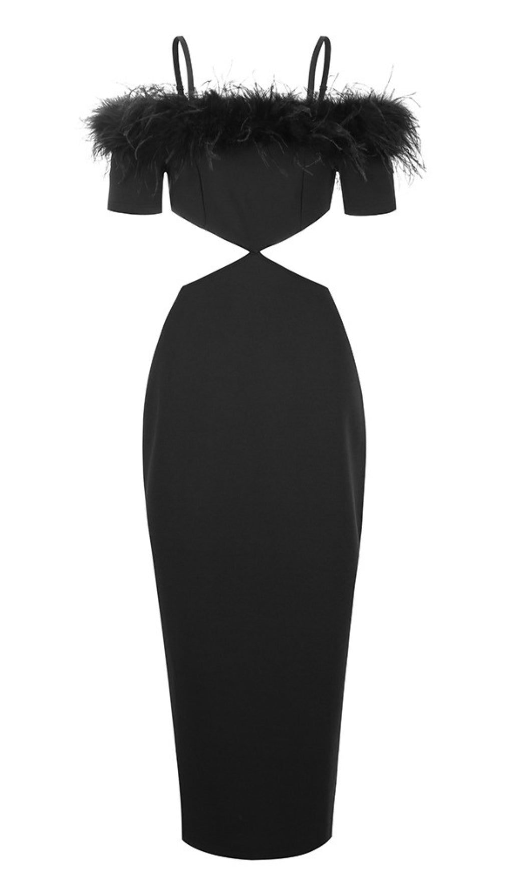 OFF-SHOULDER FEATHER PANEL BLACK DRESS