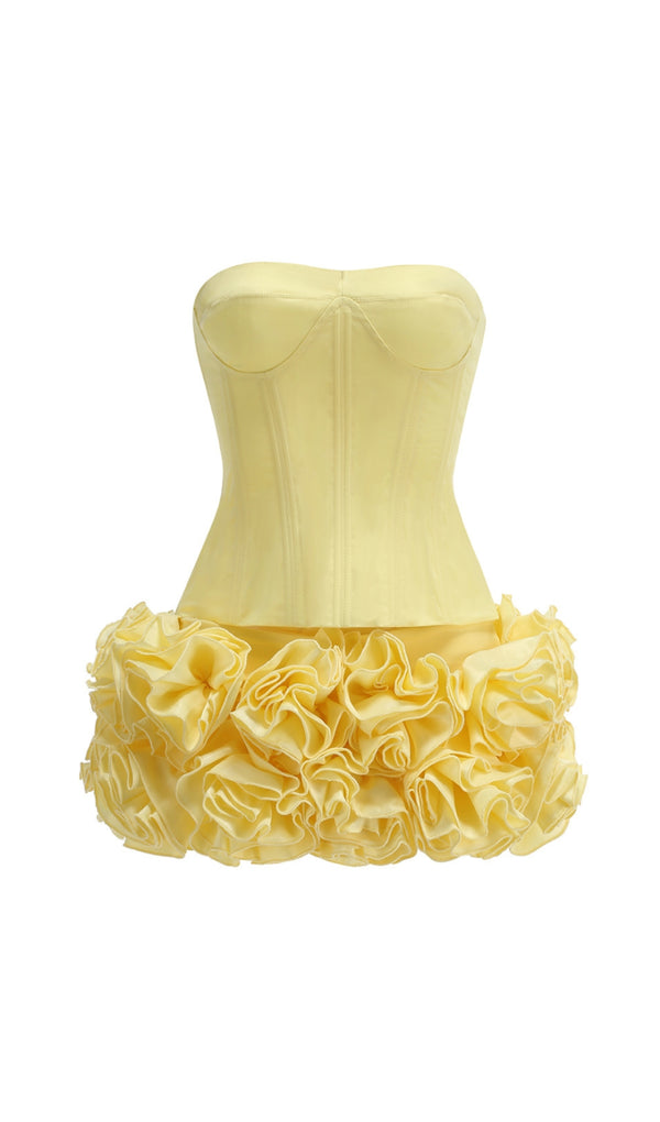 amy flower embellished mini skirt corset set in yellow