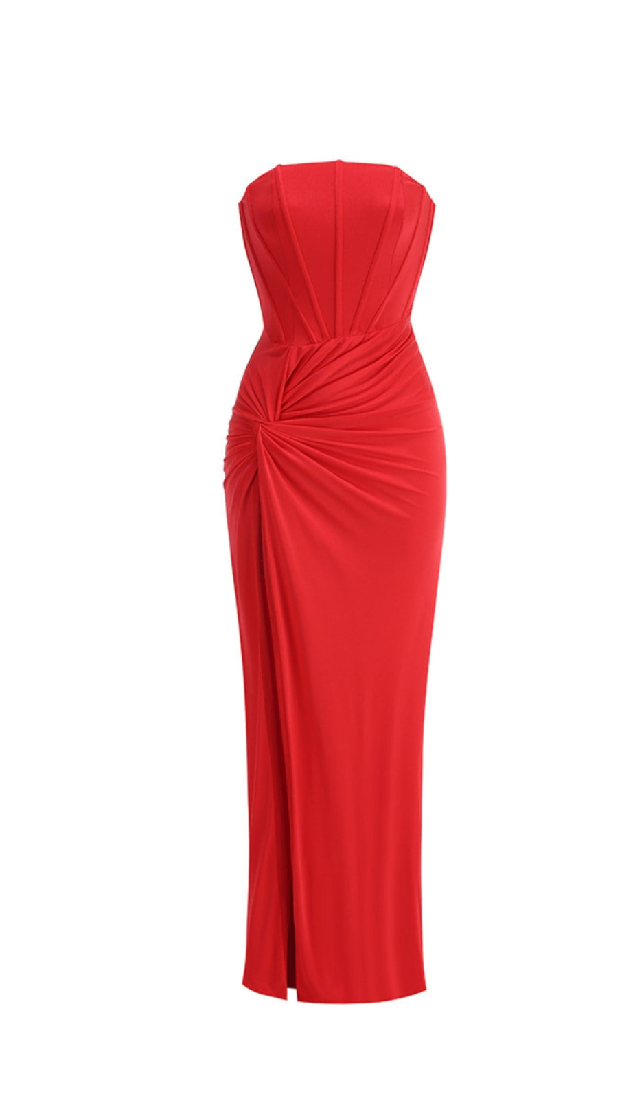 Plissiertes, trägerloses Maxikleid mit hohem Schlitz in Rot