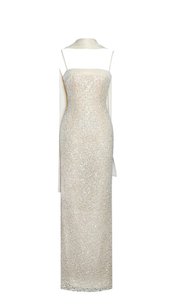AIIZIE RAIZEL GOLD BEADED SEQUIN BODYCON GOWN WITH SCARF MAXI DRESS - product image