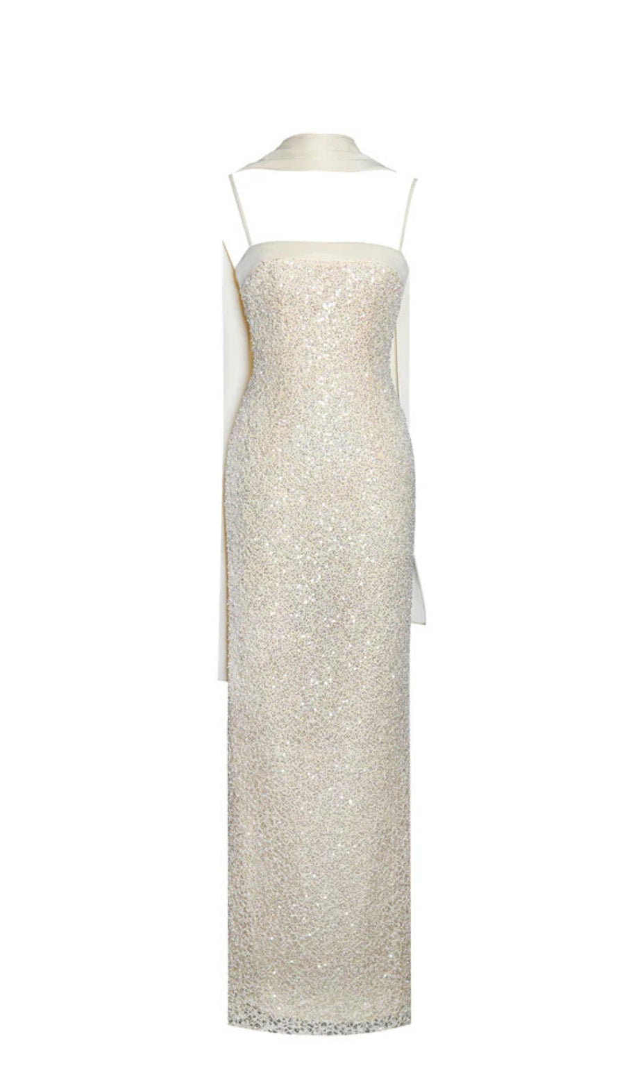 Raizel Maxikleid mit goldenen Perlen und Pailletten, figurbetont und mit Schal