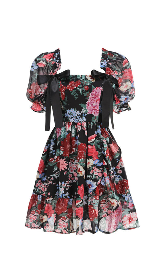 AIIZIE BASIA FLORAL PRINT RUFFLE TRIM HEM PUFF MINI DRESS - product image