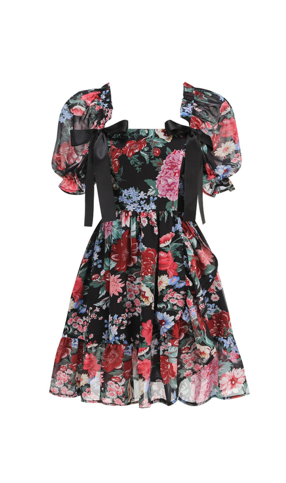 basia floral print ruffle trim hem puff mini dress