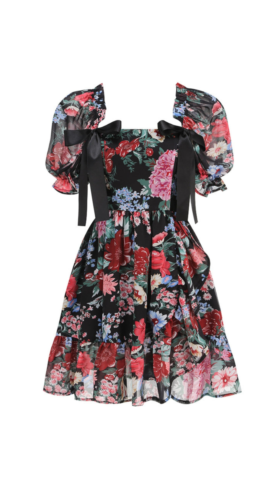 BASIA FLORAL PRINT RUFFLE TRIM HEM PUFF MINI DRESS