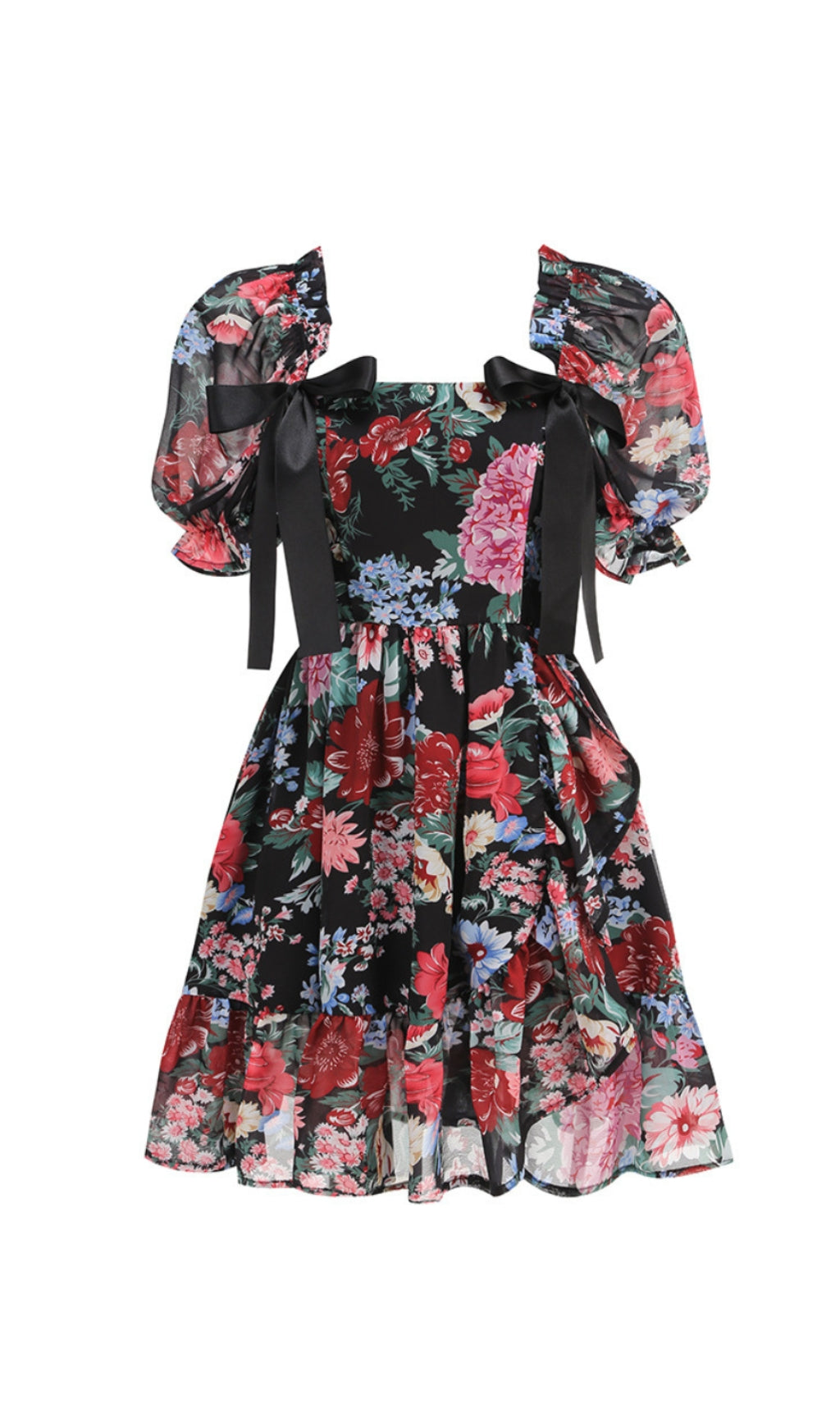 BASIA FLORAL PRINT RUFFLE TRIM HEM PUFF MINI DRESS