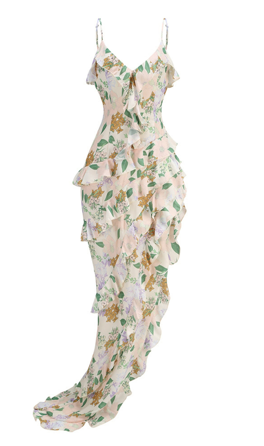 Asymmetrical Ruffled Floral Draped Maxi Dress in Beige