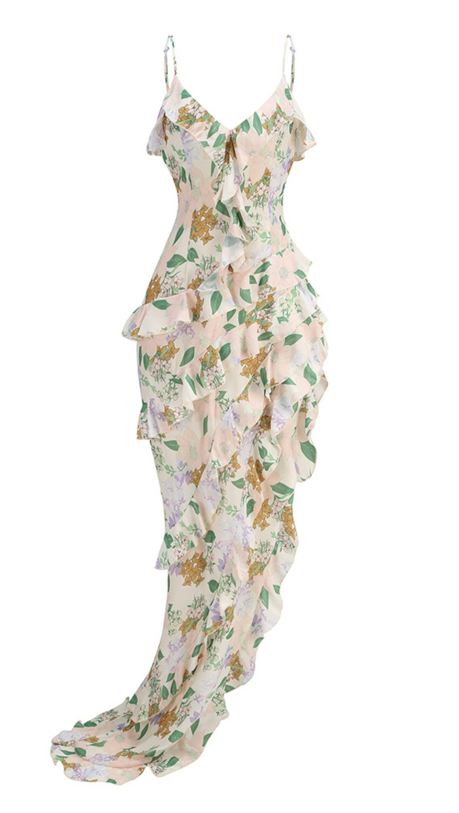 ASYMMETRICAL RUFFLED FLORAL DRAPED MAXI DRESS IN BEIGE