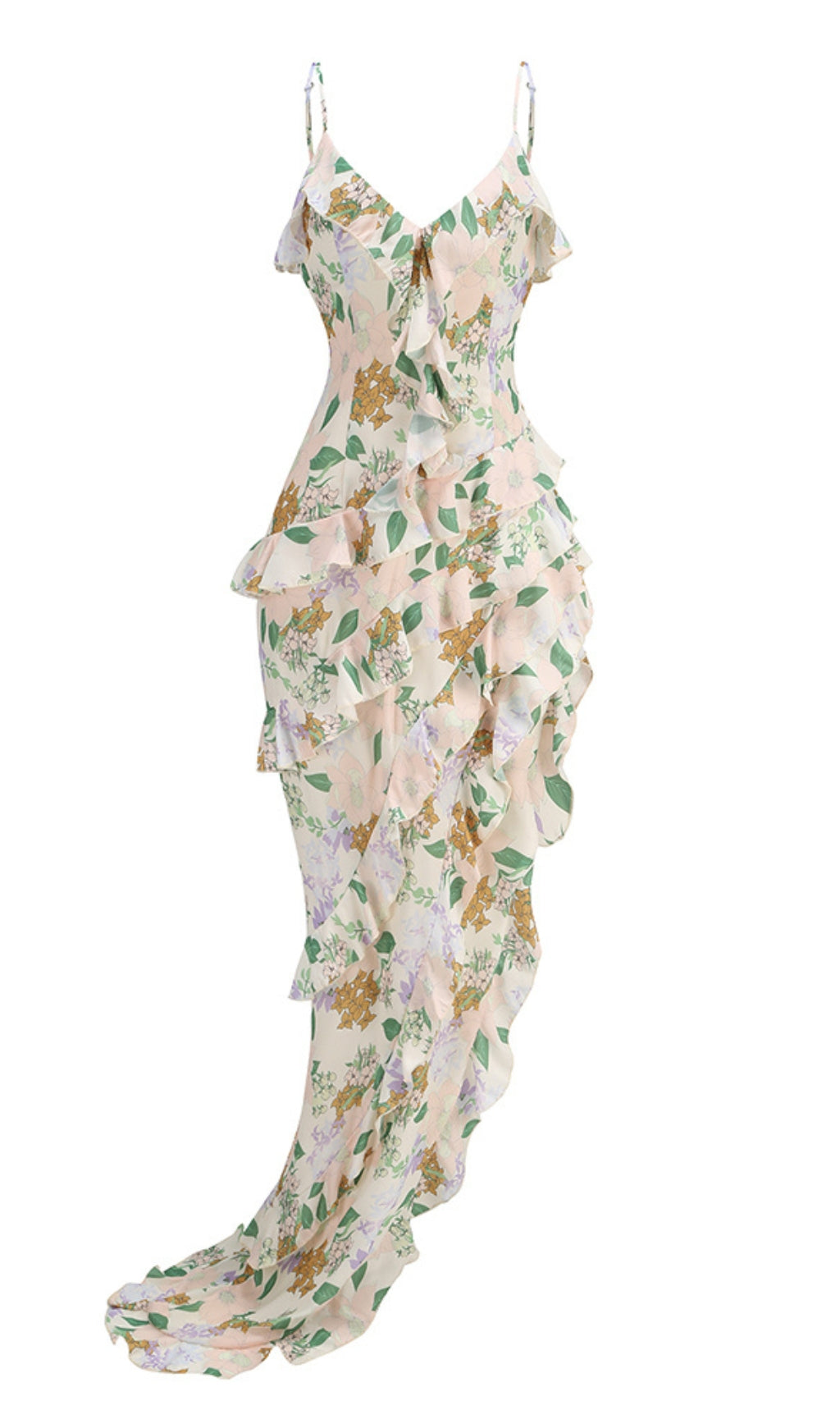 ASYMMETRICAL RUFFLED FLORAL DRAPED MAXI DRESS IN BEIGE