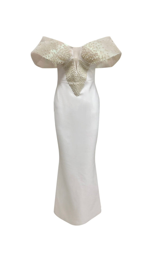 AIIZIE OFF-SHOULDER PEARL EMBELLISHED BODYCON MAXI DRESS IN WHITE - product image