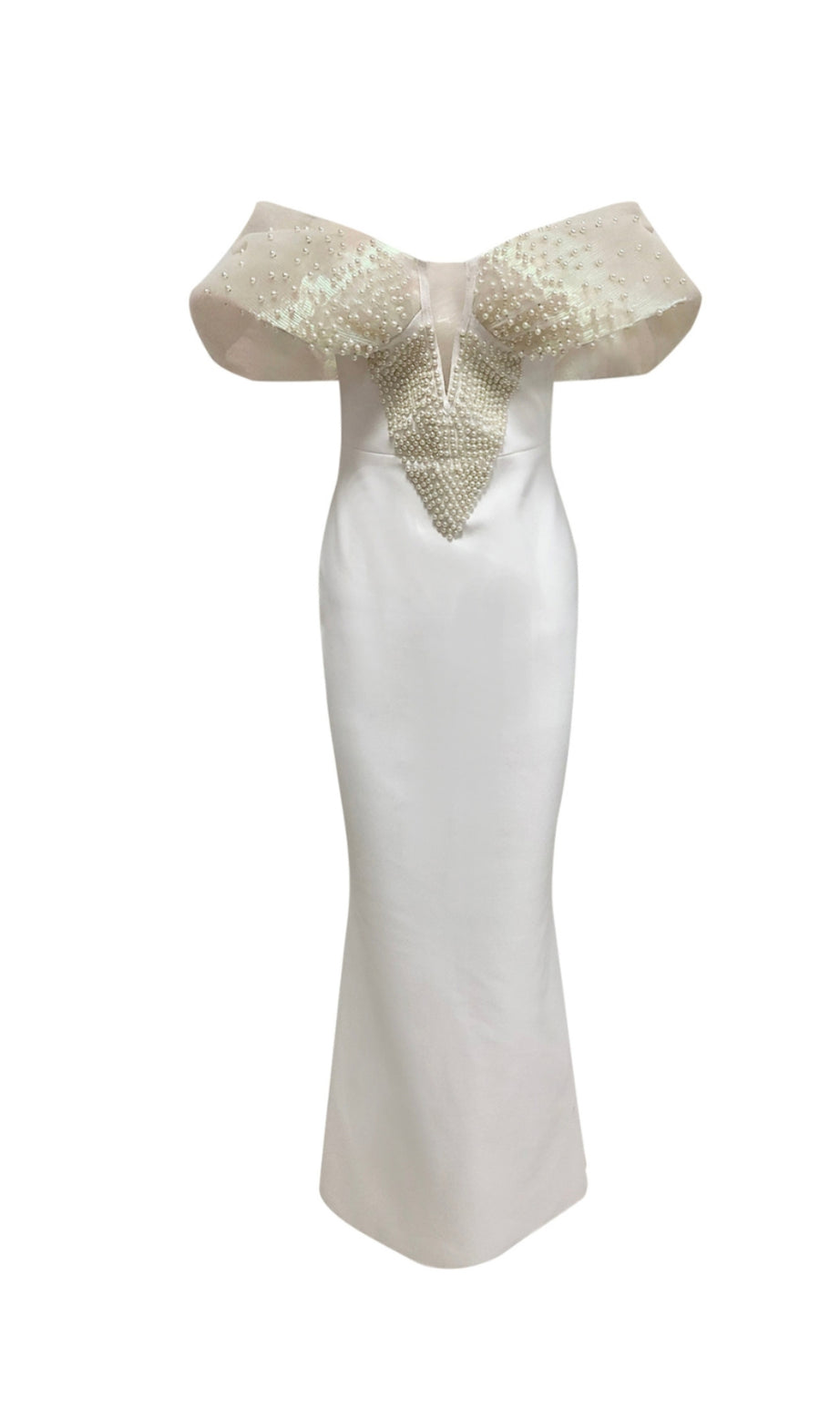 Abito lungo aderente con spalle scoperte e decorazioni di perle, bianco