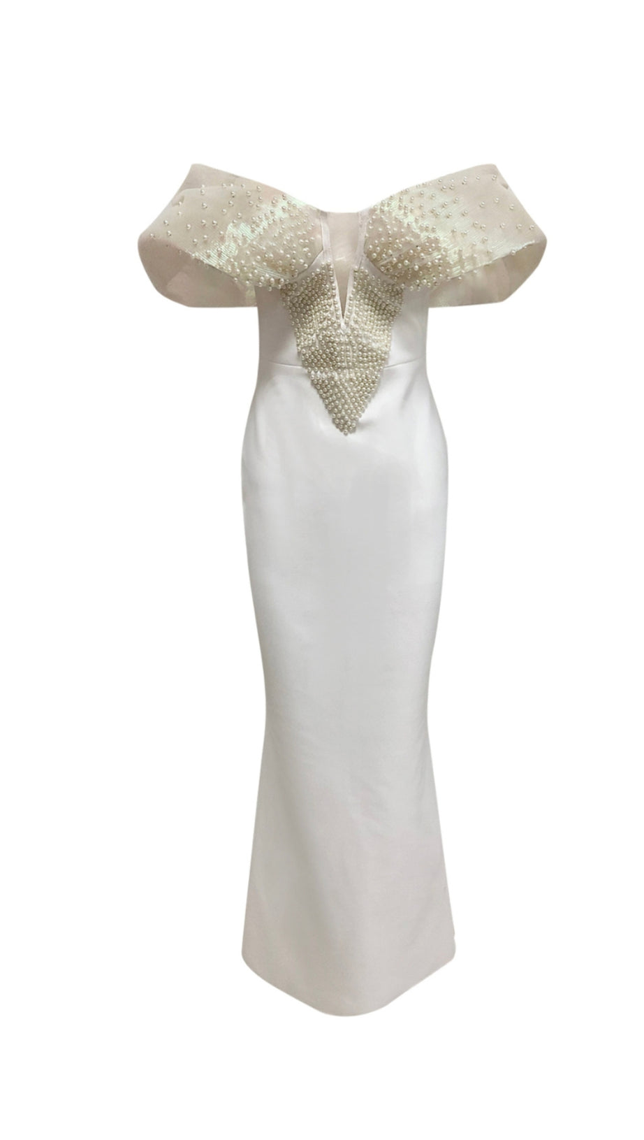 Schulterfreies, figurbetontes Maxikleid mit Perlenverzierung in Weiß