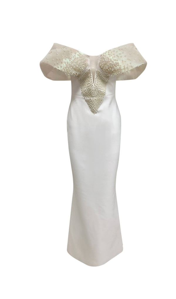 Off-Shoulder pearl embellished bodycon maxi dress in white