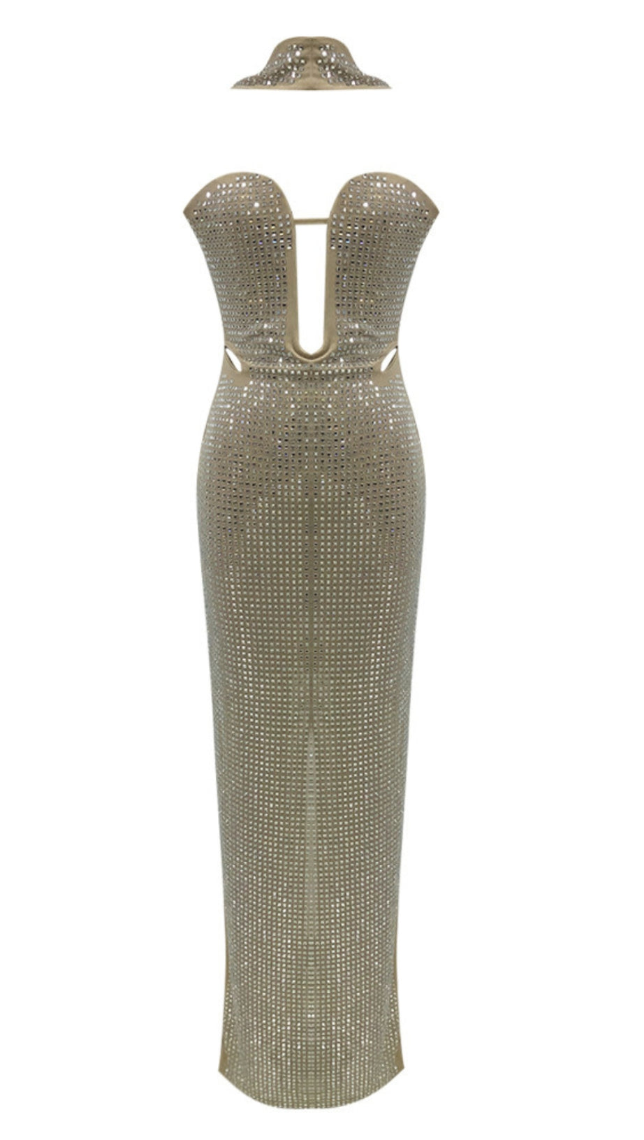 RHINESTONE MESH HALTER NECK MAXI DRESS