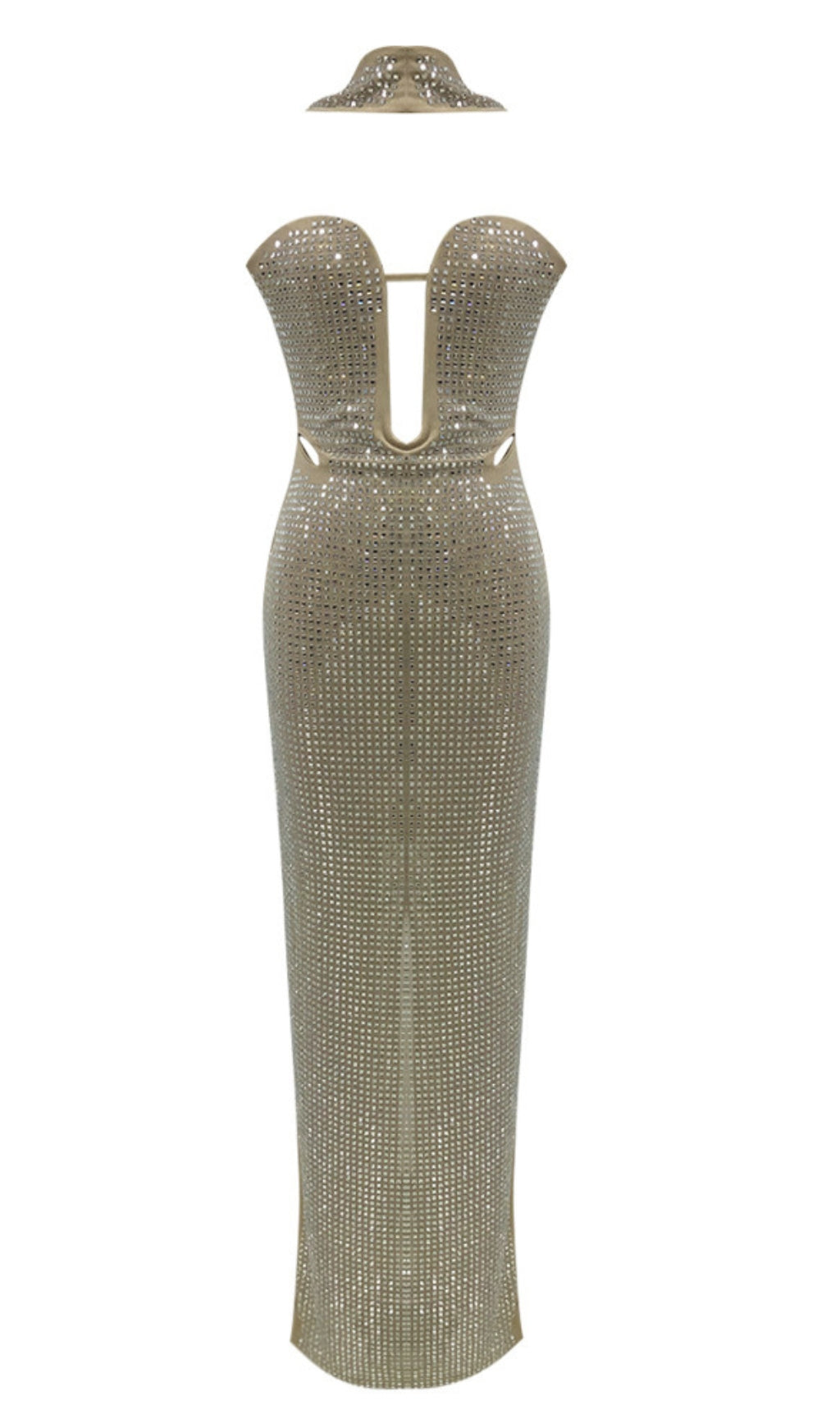 RHINESTONE MESH HALTER NECK MAXI DRESS