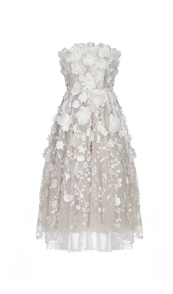anna crystal floral embroidery midi dress in white