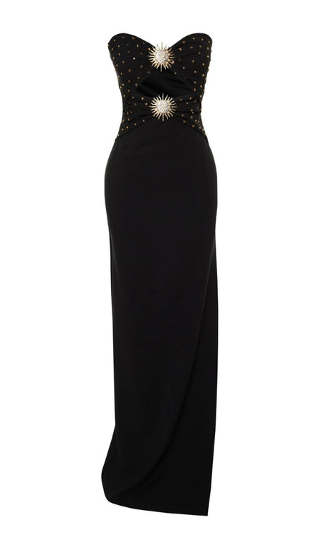 OFF-SHOULDER-BANDAGE-KLEID MIT KRISTALL-CUTOUTS IN SCHWARZ