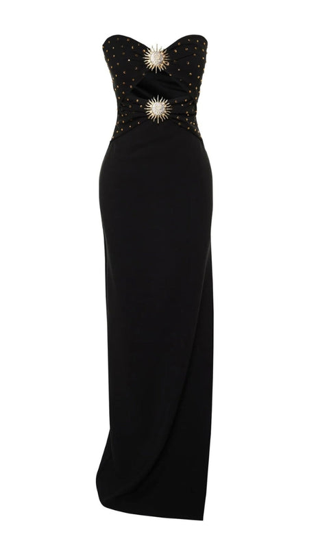 OFF-SHOULDER-BANDAGE-KLEID MIT KRISTALL-CUTOUTS IN SCHWARZ