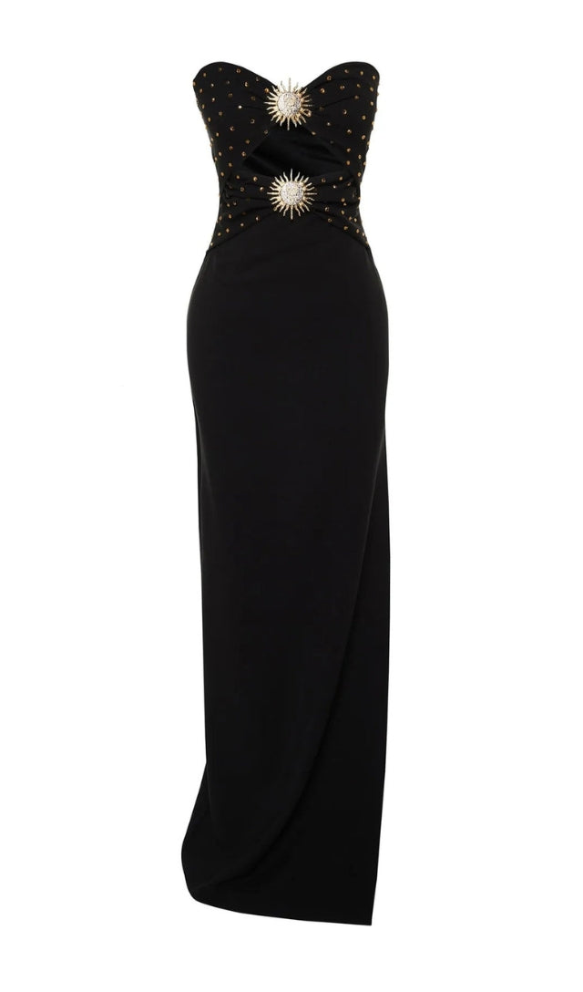 OFF-SHOULDER CRYSTAL CUTOUT BANDAGE DRESS IN BLACK