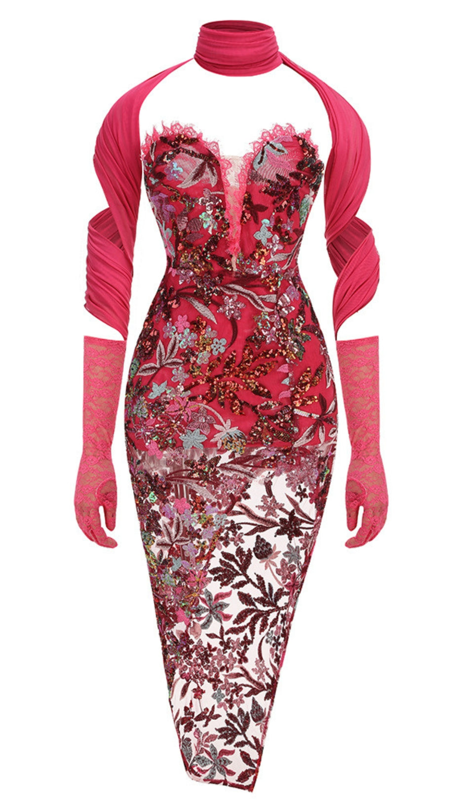 Trägerloses, figurbetontes Maxikleid mit Blumen-Paillettenstickerei 