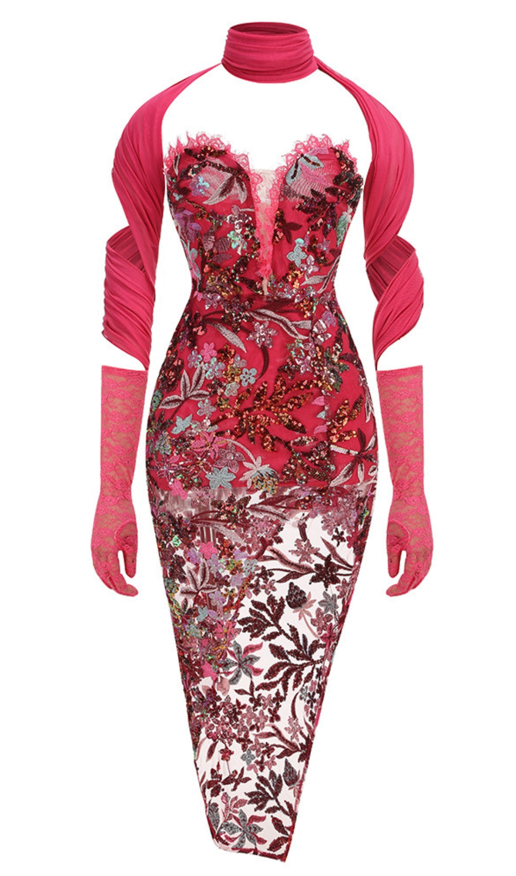 STRAPLESS FLORAL SEQUINS EMBROIDERY BODYCON GOWN MAXI DRESS