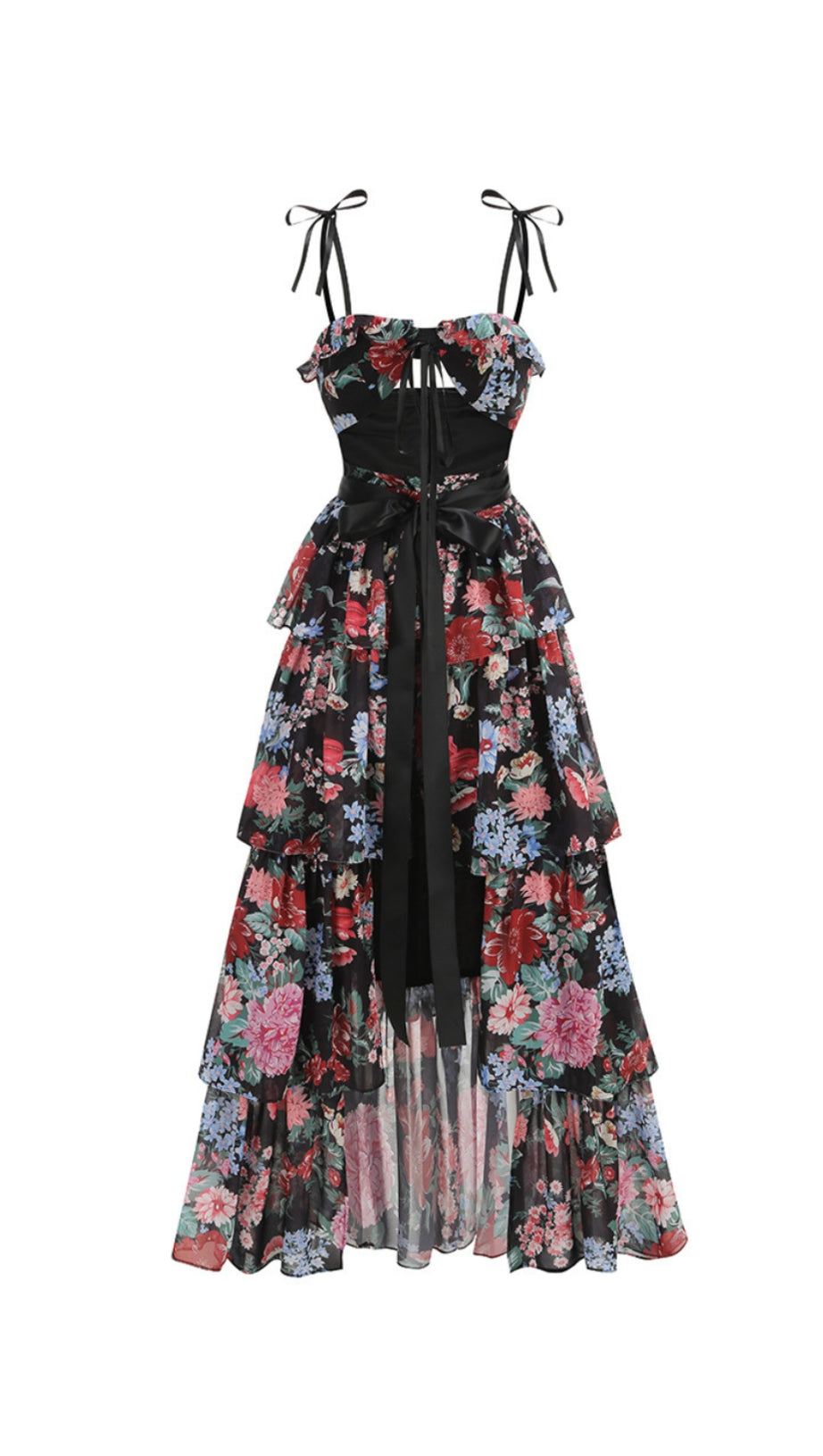 CARLIN FLORAL PRINT CUTOUT LAYER MAXI DRESS