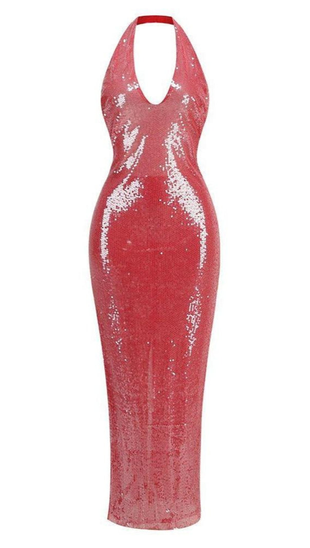 AIIZIE ZORA SHEER SEQUIN DEEP V NECK GOWN IN PINK RED - product image