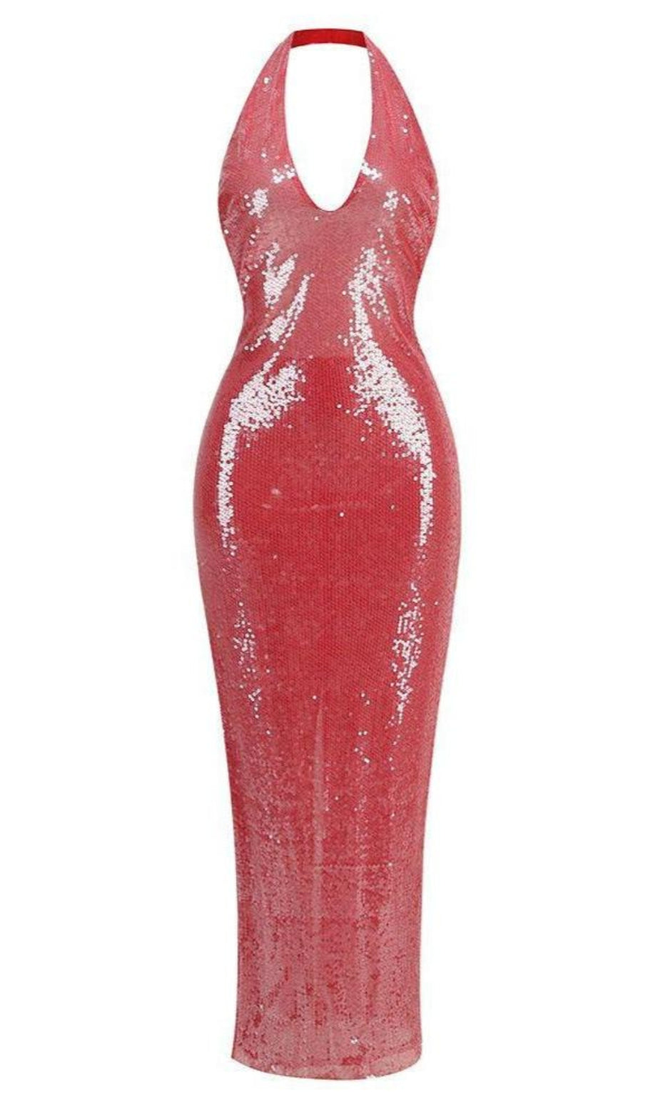 ZORA SHEER SEQUIN DEEP V NECK GOWN IN PINK RED