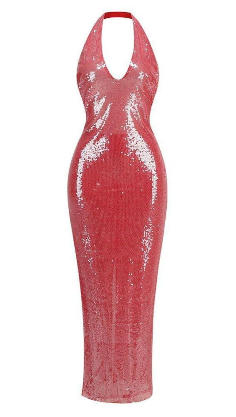 ZORA SHEER SEQUIN DEEP V NECK GOWN IN PINK RED