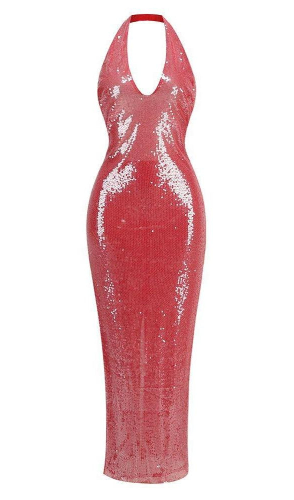 ZORA SHEER SEQUIN DEEP V NECK GOWN IN PINK RED