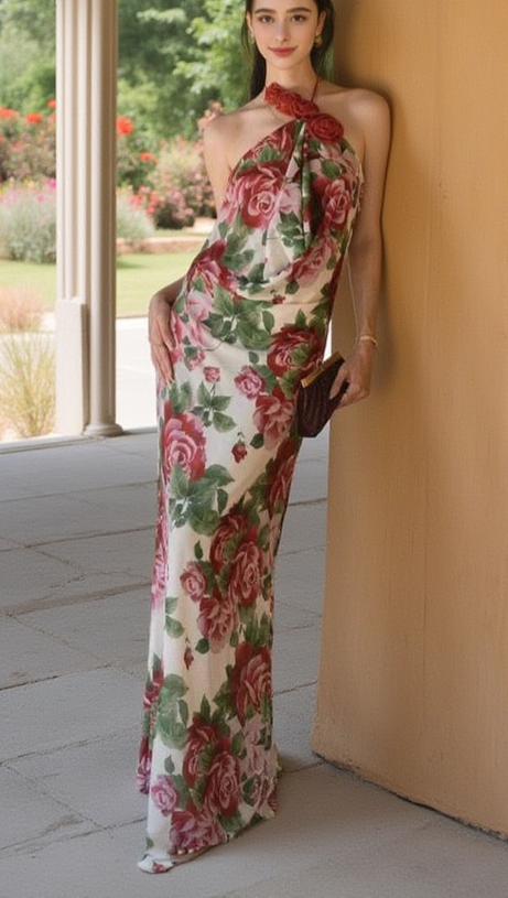 MULTICOLOR FLORAL HALTERNECK HIGH COLLAR MAXI DRESS