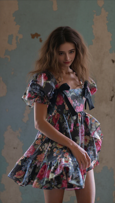 BASIA FLORAL PRINT RUFFLE TRIM HEM PUFF MINI DRESS