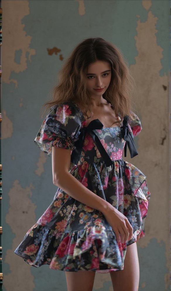 AIIZIE BASIA FLORAL PRINT RUFFLE TRIM HEM PUFF MINI DRESS - product image