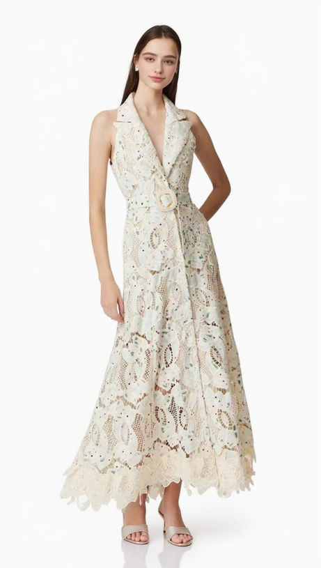 CHLOE SLEEVELESS HOLLOW LACE MAXI DRESS IN BEIGE