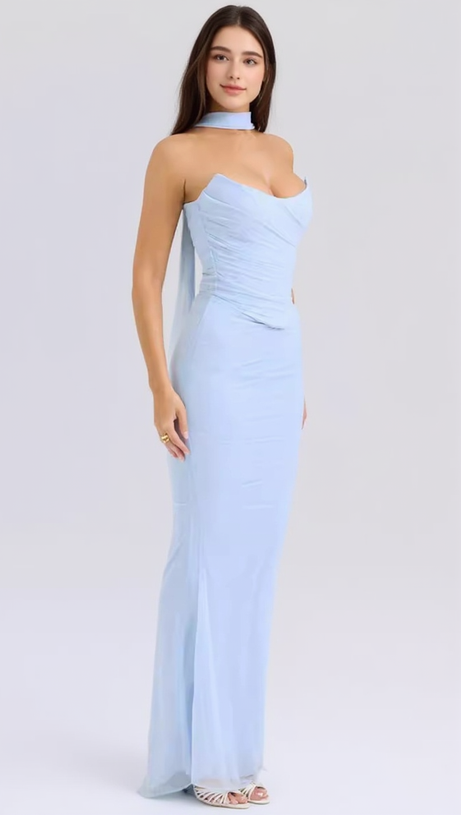 BLUE JOJO TWO-PIECE SET BODYCON GOWN WITH SCARF