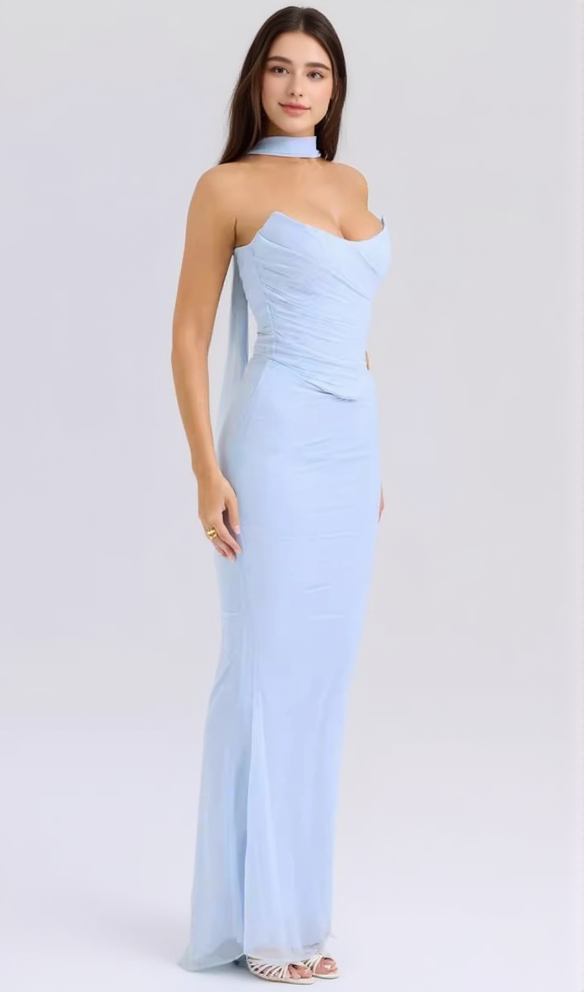 AIIZIE BLUE JOJO TWO-PIECE SET BODYCON GOWN WITH SCARF - product image