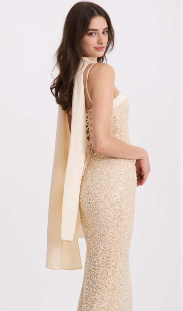 Raizel Gold Beaded Sequin Bodycon Gown with Scarf MAXI DRESS