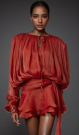 Red Long Sleeve Tie Mini Dress