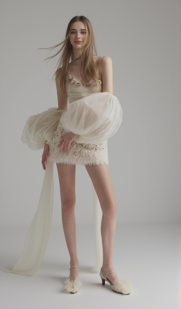 AIIZIE SEQUINED EMBELLISHED ORGANZA MINI DRESS IN WHITE - product image