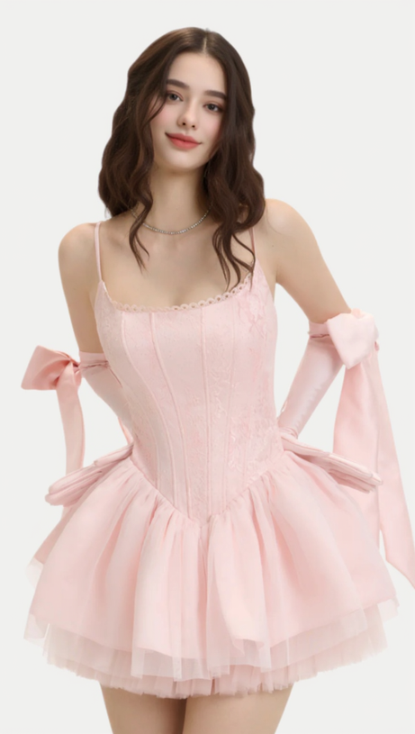 MINI ABITO SCOLLO A SCHIENA CON FIOCCO IN PIZZO CELESTE ROSA