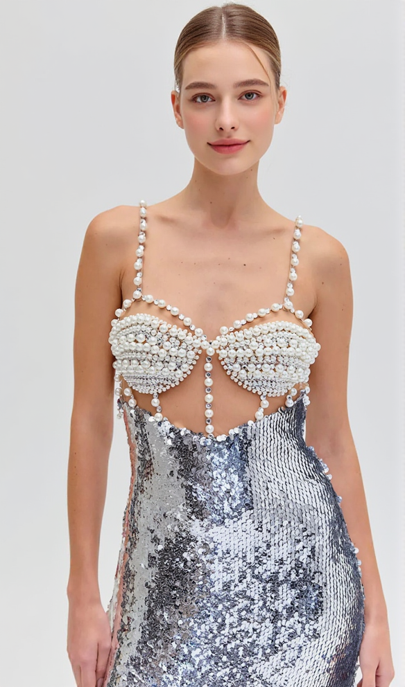 AIIZIE PEARL SILVER SEQUIN EVENING GOWN HALTER NECK MIDI DRESS - product image