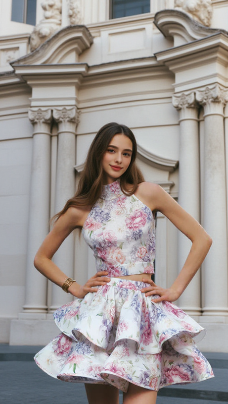 JESSICA PRINTED BACKLESS HALTER TOP SKIRT SET IN PINK