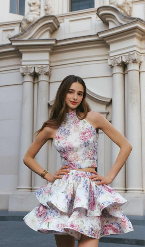 jessica printed backless halter top skirt set in pink