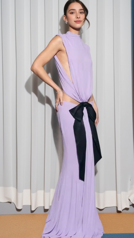 BERNICE BOW PATCH CUT BACKLESS MAXI DRESS IN PURPLE