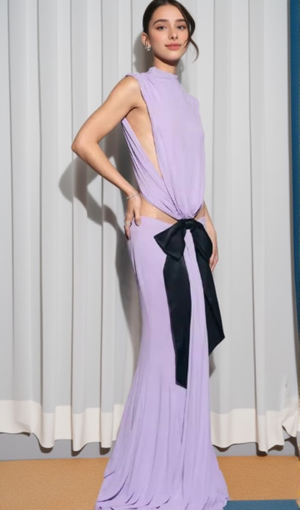 Bernice – Rückenfreies Maxikleid mit Schleifenaufnäher in Lila