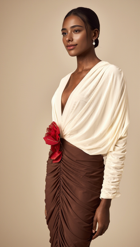 LONG SLEEVE TWO-TONE PLEATED MIDI DRESS IN BROWN