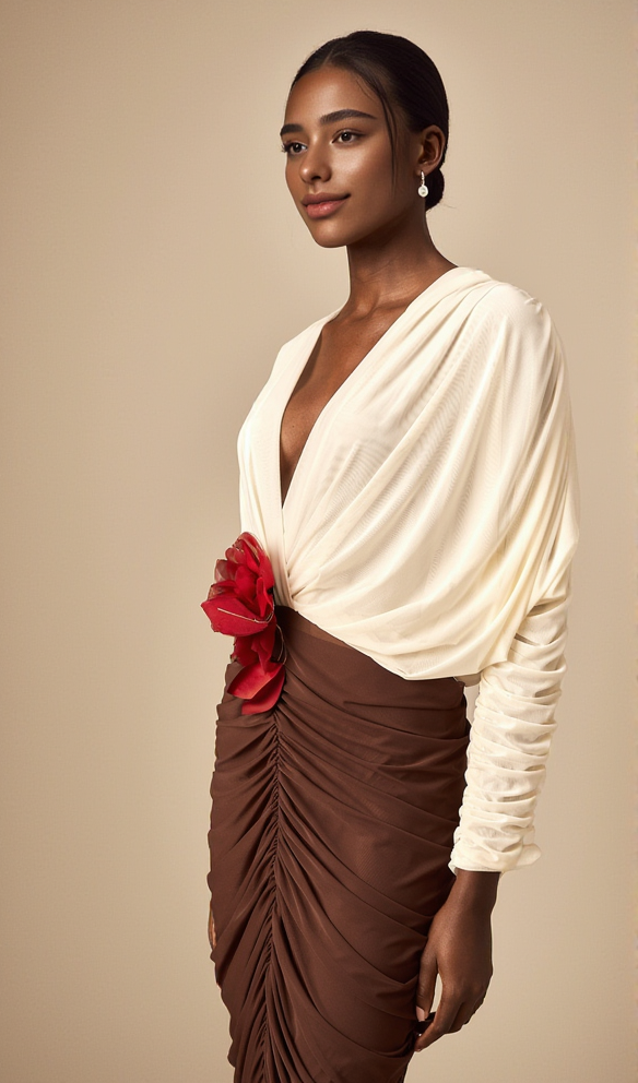 Long Sleeve Two-Tone pleated Midi Dress in Brown