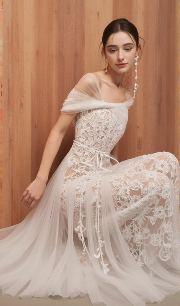 AIIZIE ELEGANT FAIRY CAPE DESIGN LACE LONG MIDI DRESS - product image