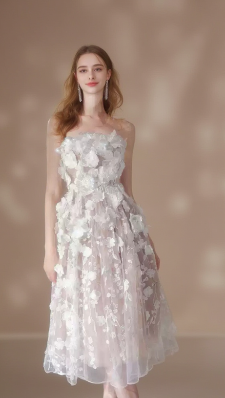 ANNA CRYSTAL FLORAL EMBROIDERY MIDI DRESS IN WHITE