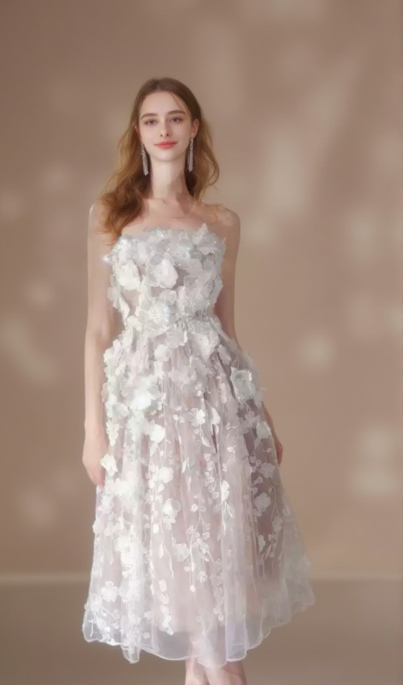 anna crystal floral embroidery midi dress in white